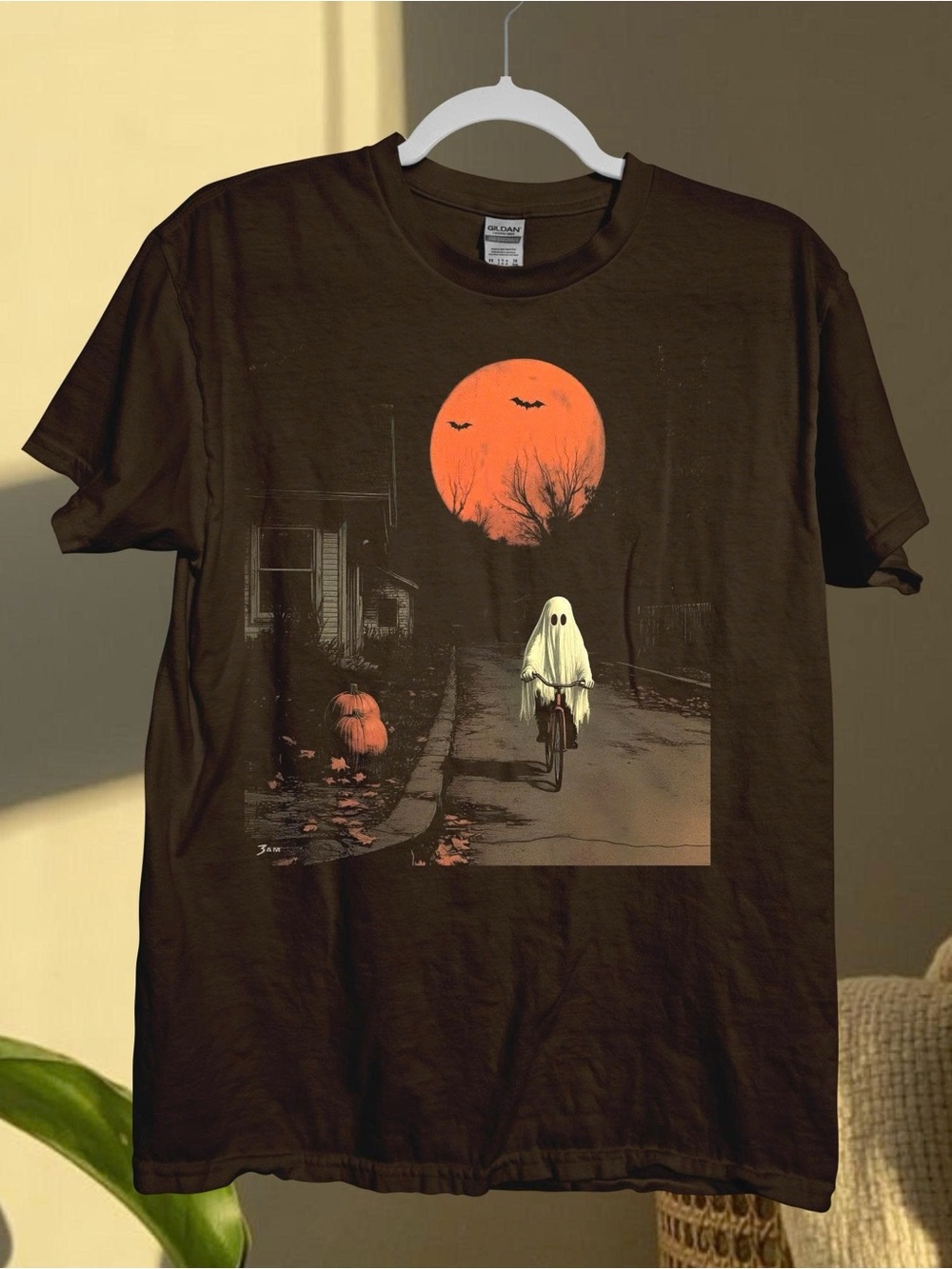 Gildan Black Halloween Ghost Bike Tee with Orange Moon & pumpkin